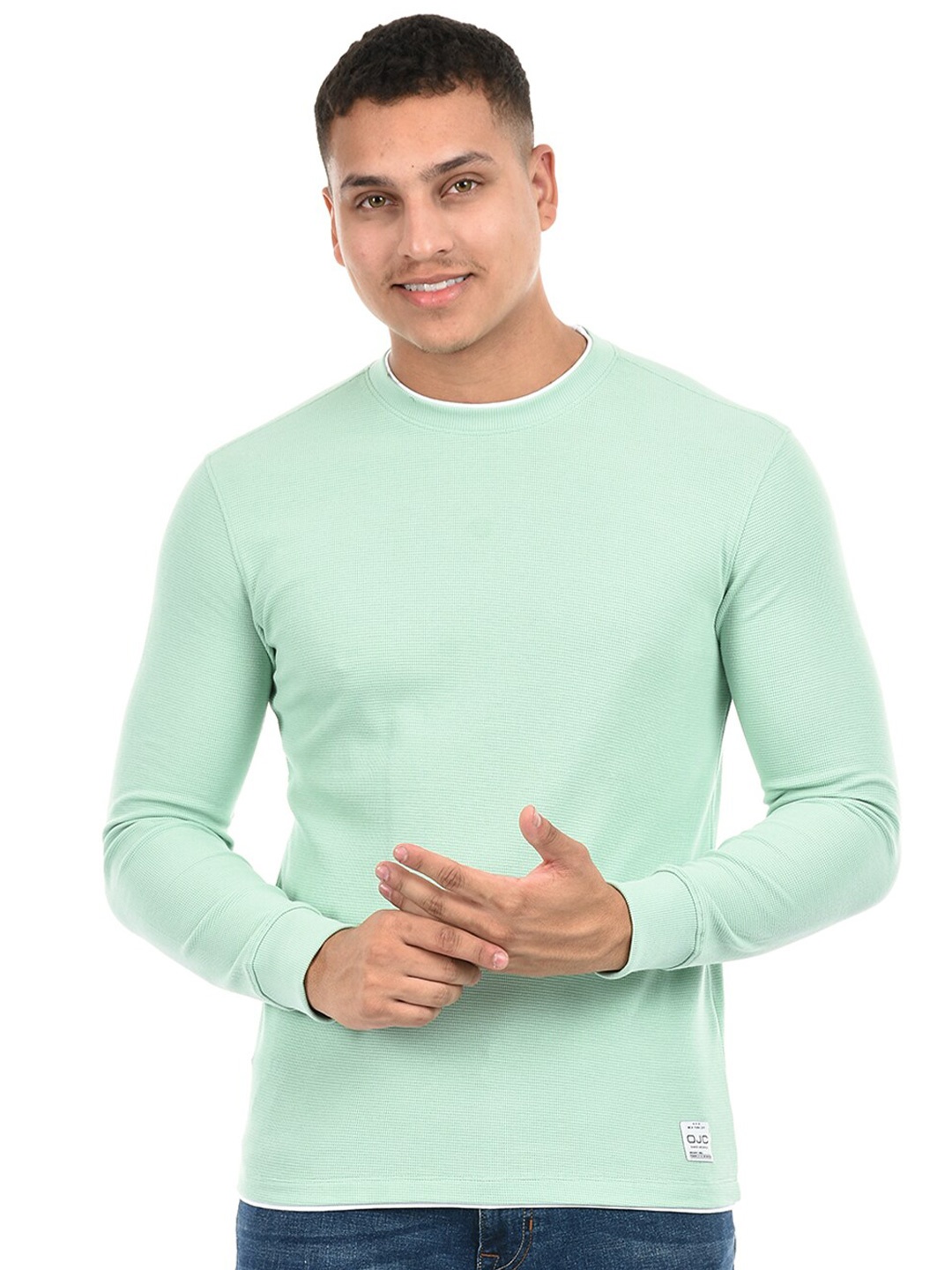 

Octave Striped Round Neck Applique Cotton T-shirt, Green
