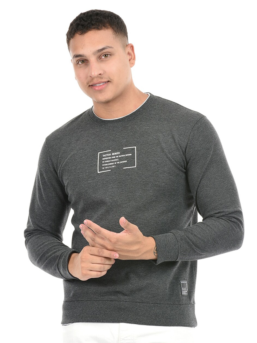 

Octave Typography Printed Round Neck Applique Cotton T-shirt, Grey