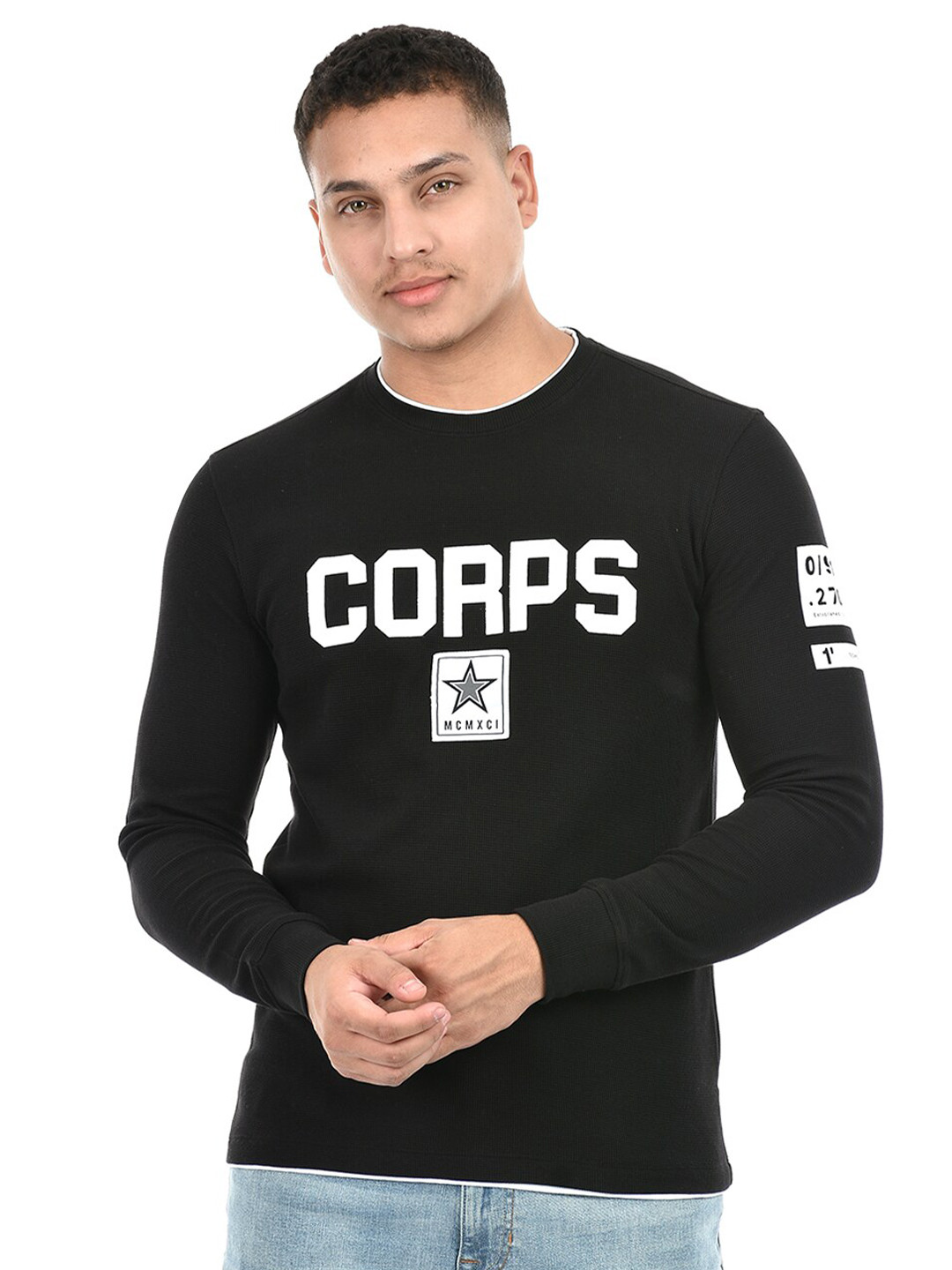 

Octave Typography Printed Round Neck Applique Cotton T-shirt, Black