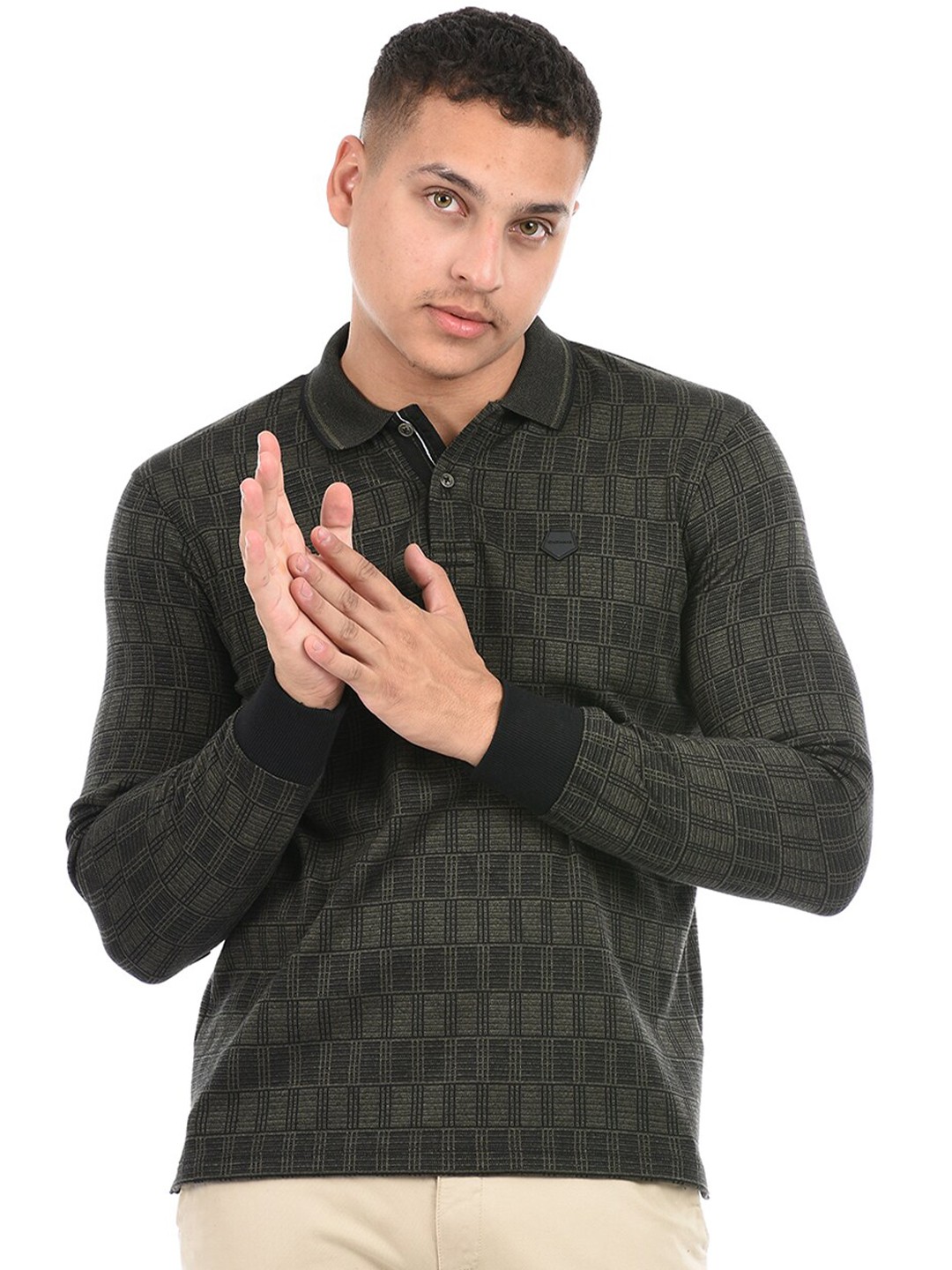 

Octave Geometric Checked Polo Collar Cotton T-shirt, Green