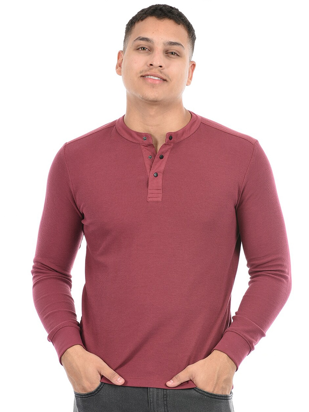 

Octave Henley Neck Applique Cotton T-shirt, Pink