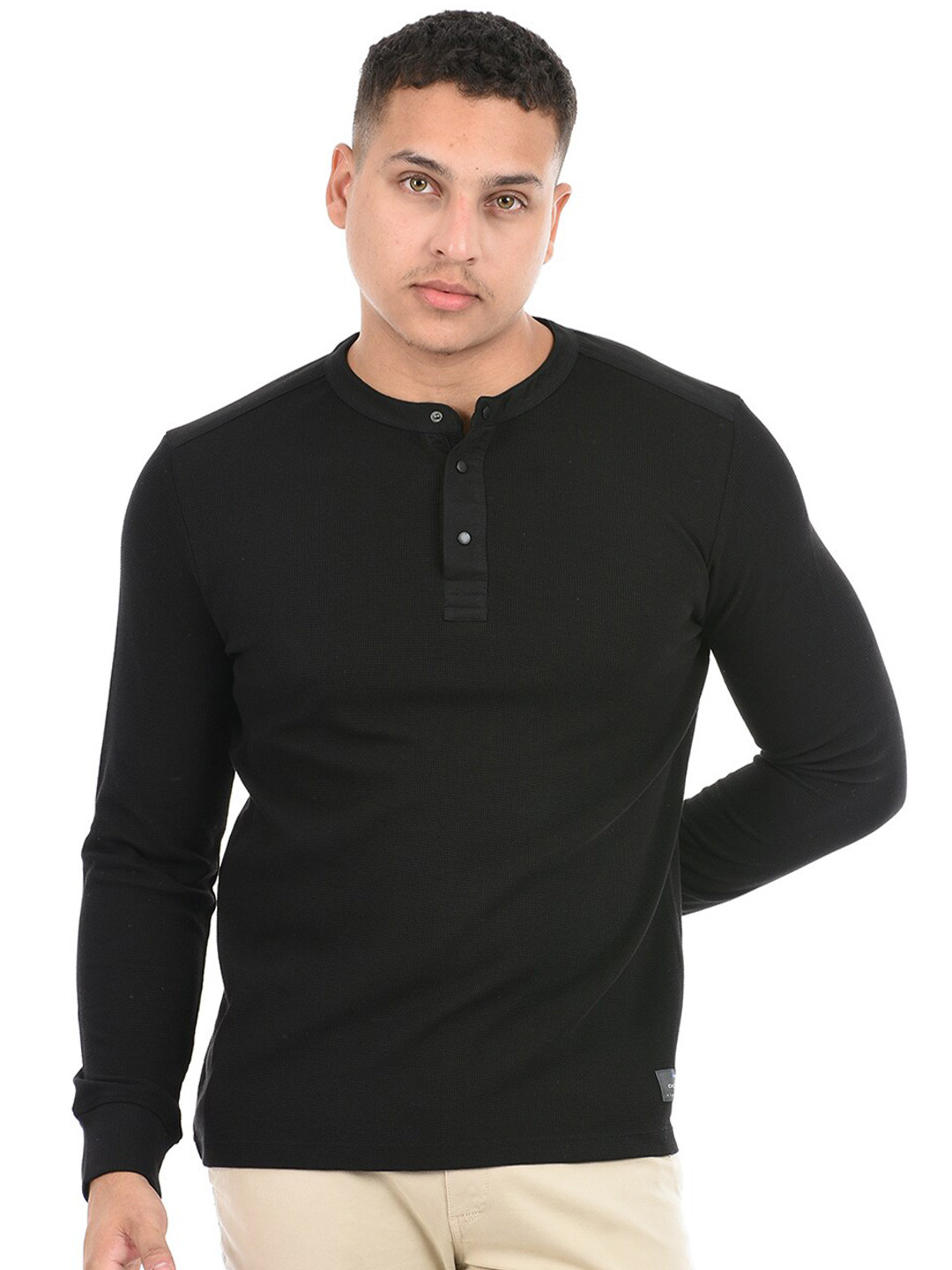 

Octave Henley Neck Applique Cotton T-shirt, Black