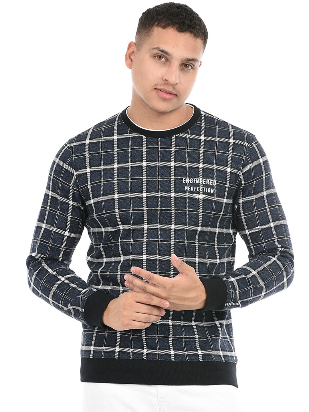 

Octave Checked High Neck Cotton T-shirt, Blue