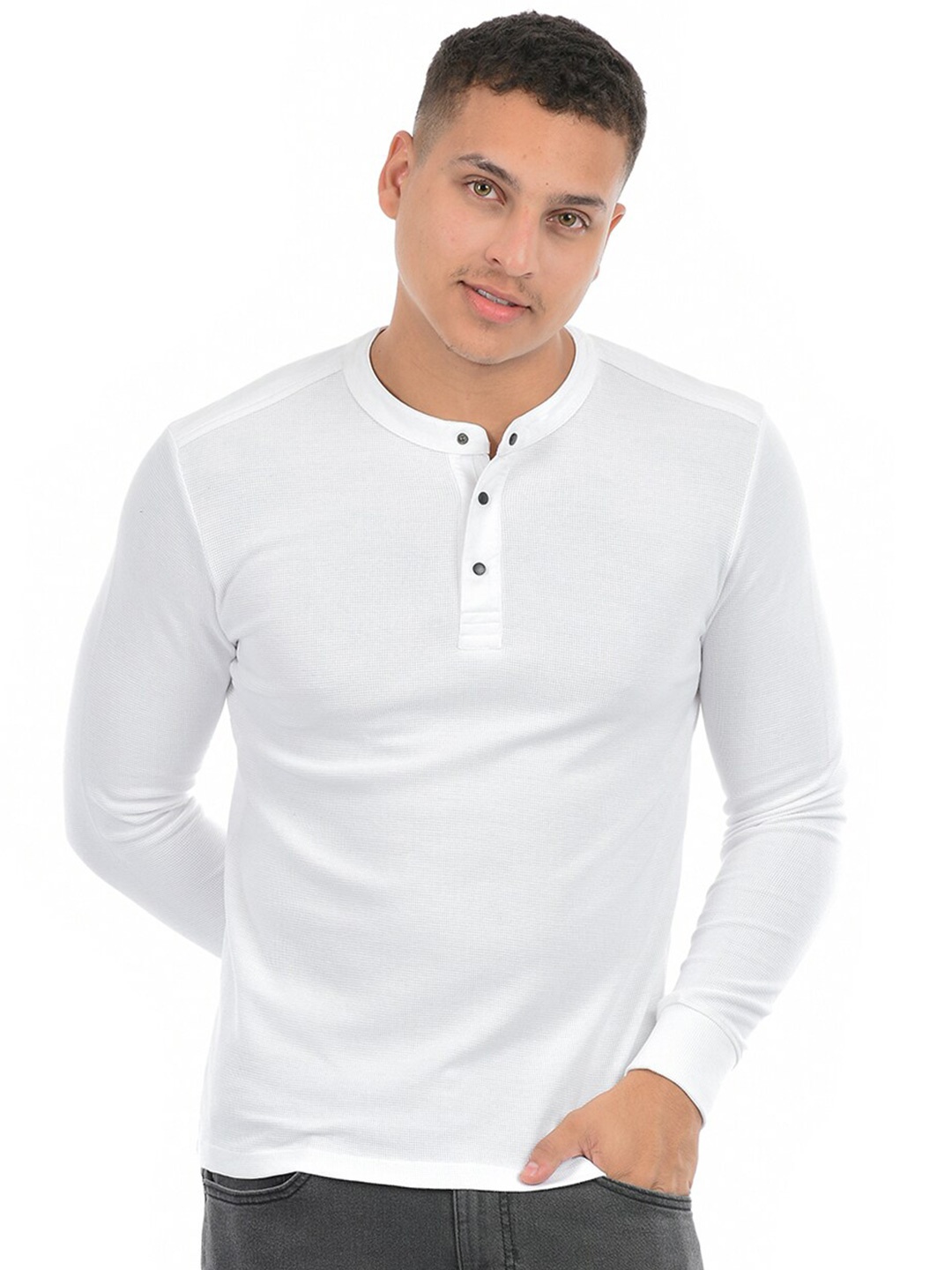 

Octave Henley Neck Long Sleeves Cotton T-shirt, White