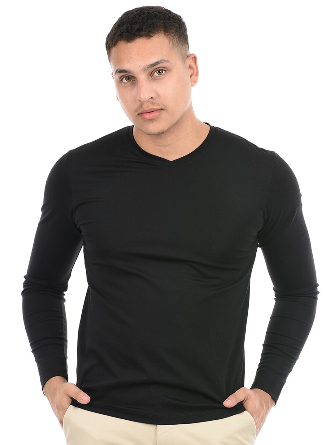 

Octave V-Neck Long Sleeves Cotton T-shirt, Black