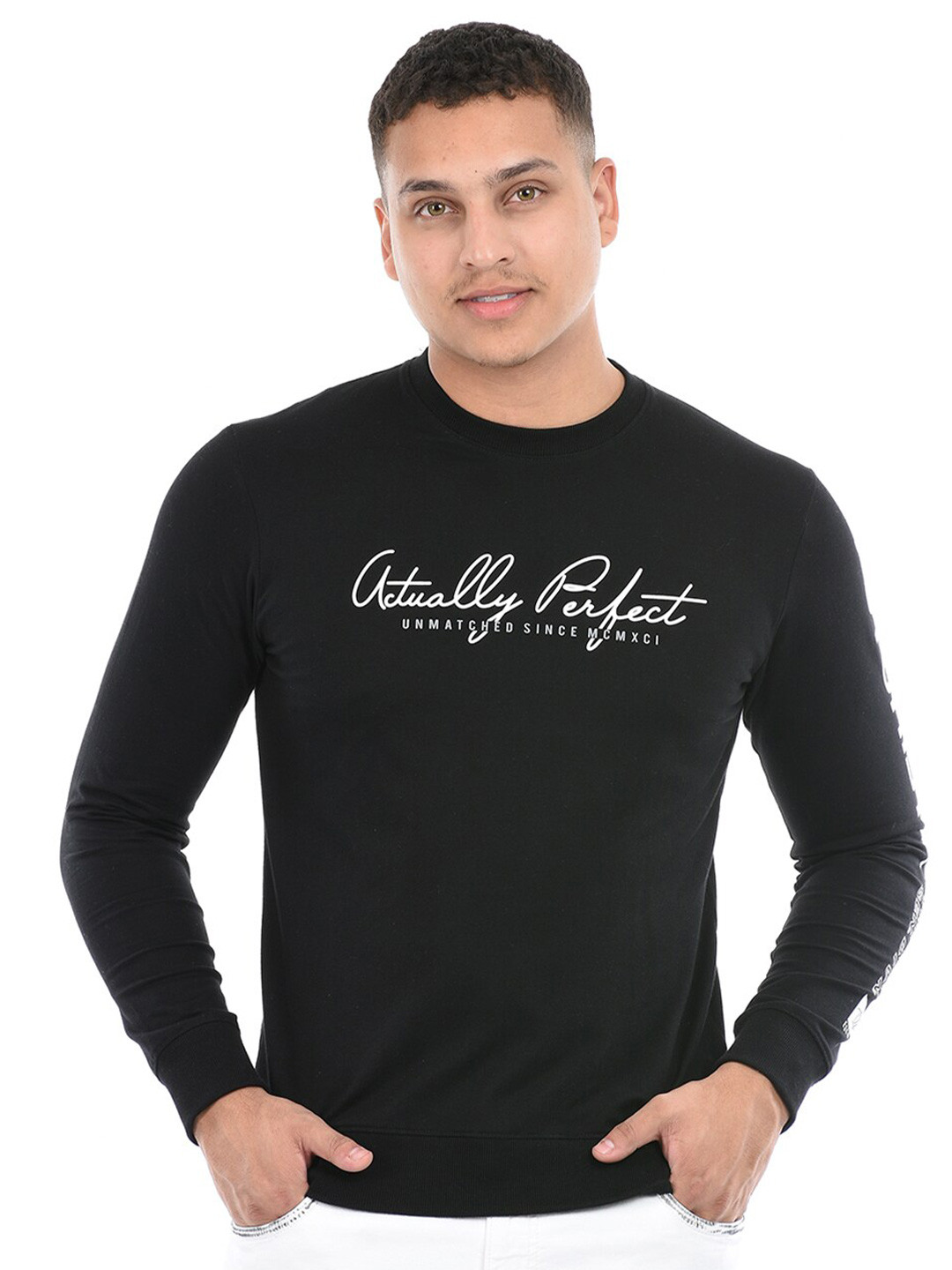 

Octave Typography Printed Round Neck Long Sleeves Cotton T-shirt, Black