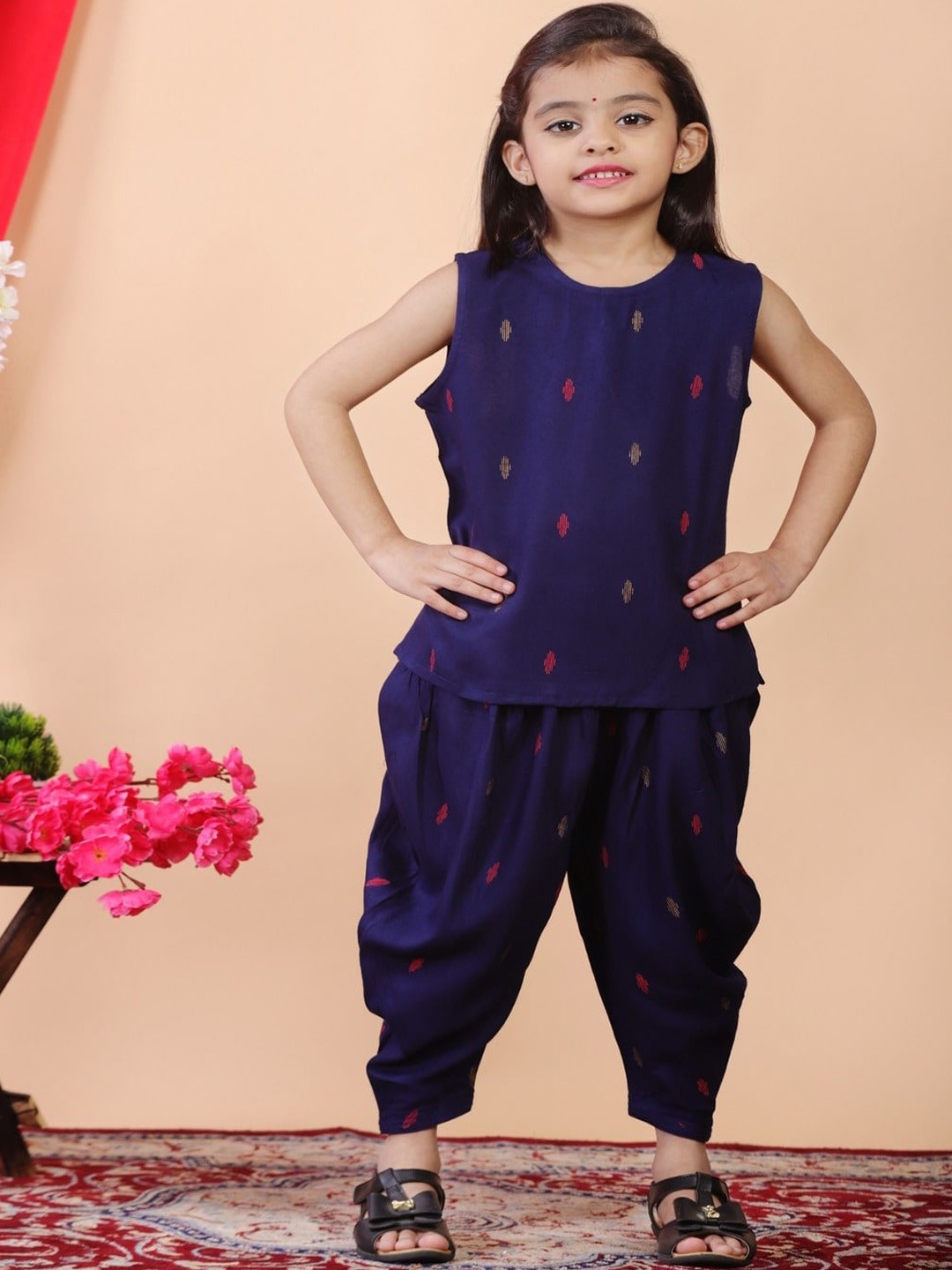 

BAESD Girls Abstract Printed Round Neck Sleeveless Kurta with Dhoti Pants & Jacket, Blue