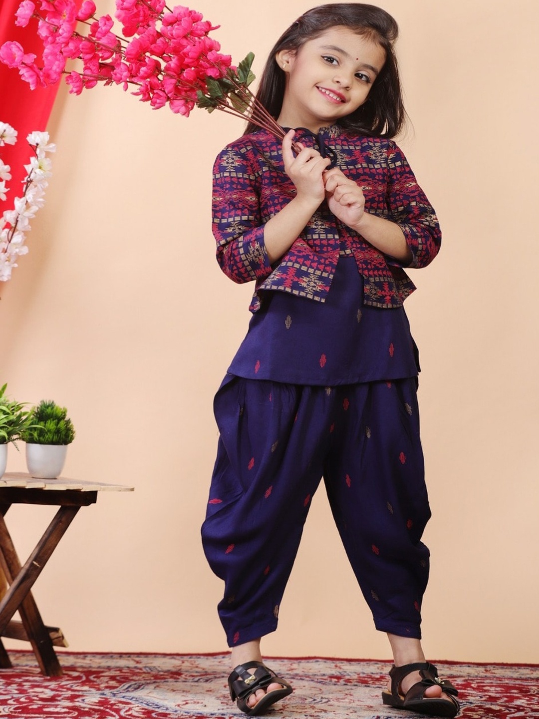 

BAESD Girls Abstract Printed Round Neck Sleeveless Kurta with Dhoti Pants & Jacket, Blue