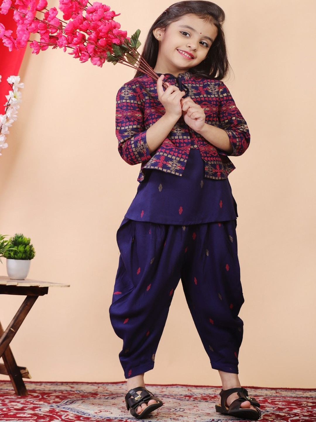 

BAESD Girls Abstract Printed Round Neck Sleeveless Kurta with Dhoti Pants & Jacket, Blue