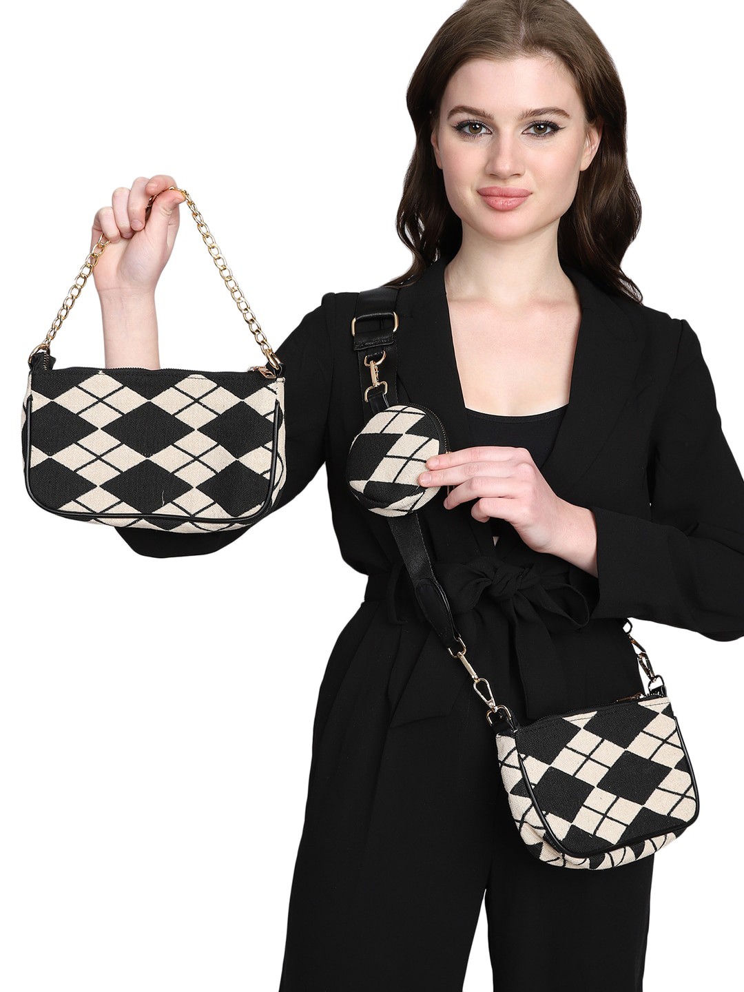 

MINI WESST 3 Pcs Geometric Self Design Structured Handheld Bag, Black