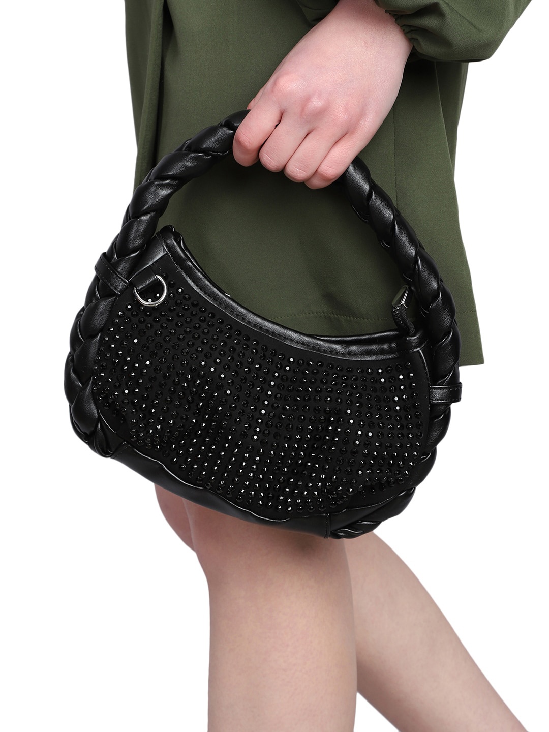 MINI WESST Embellished Half Moon Hobo Bag, Black