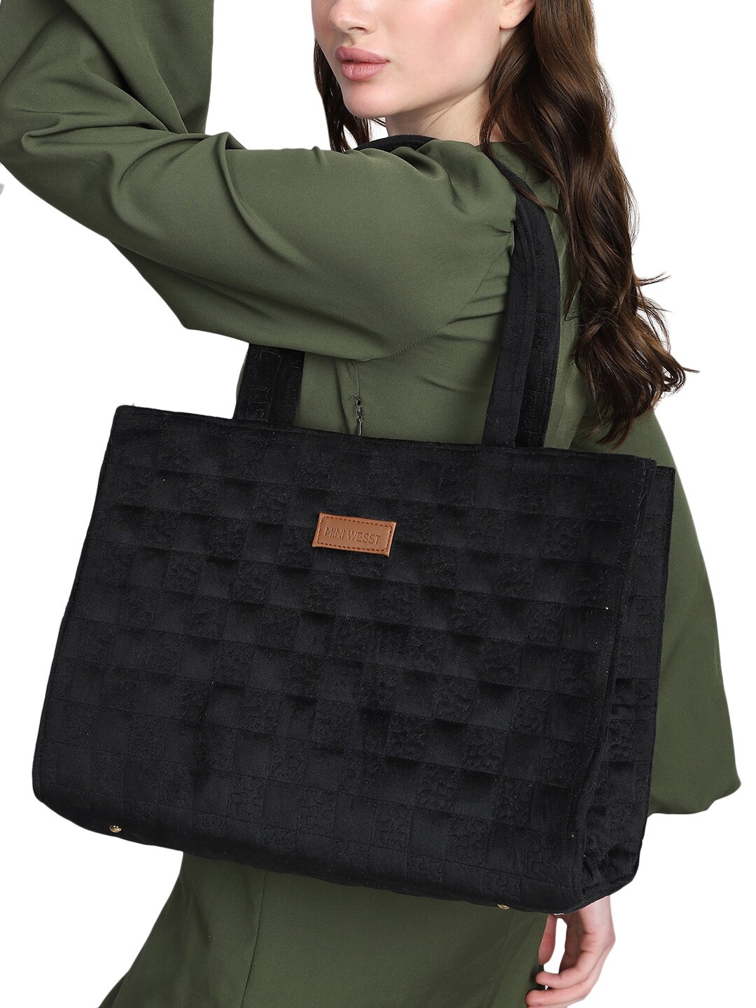 

MINI WESST Textured Suede Structured Handheld Bag, Black