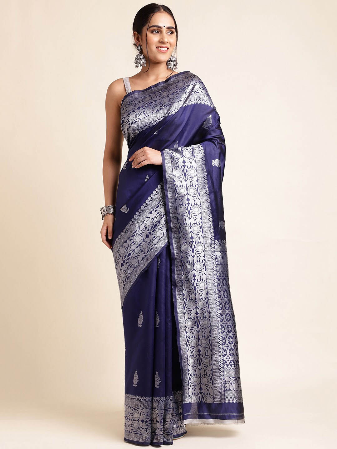 

MORLY Floral Woven Design Zari Kanjeevaram Saree, Navy blue