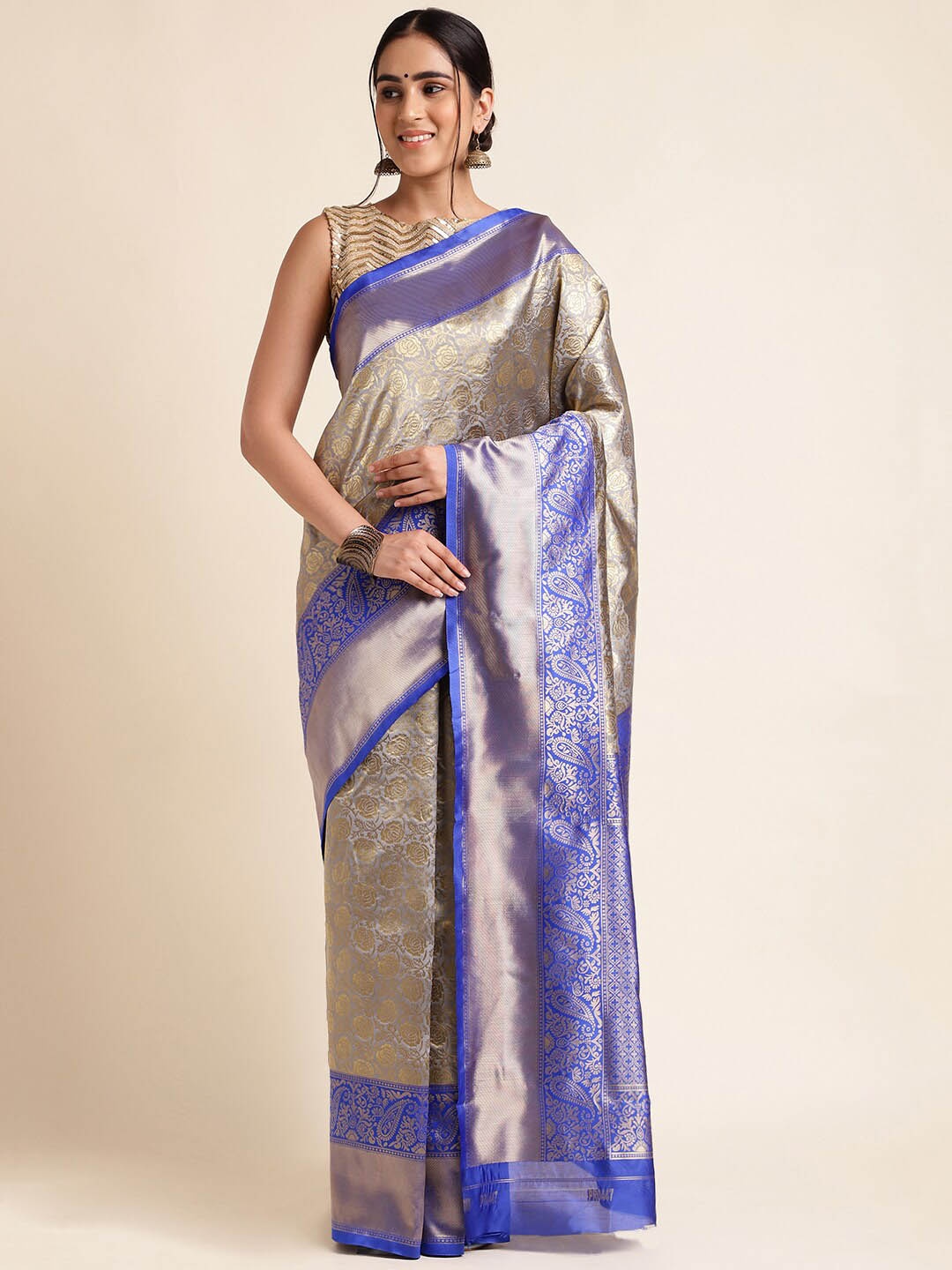 

MORLY Floral Woven Design Zari Kanjeevaram Saree, Grey