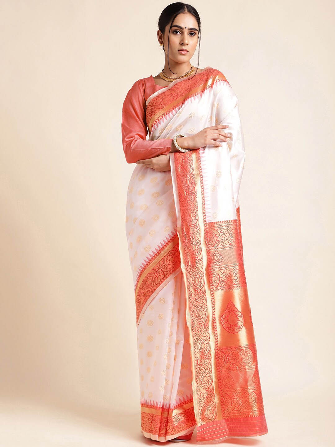 

MORLY Floral Woven Design Zari Kanjeevaram Saree, White