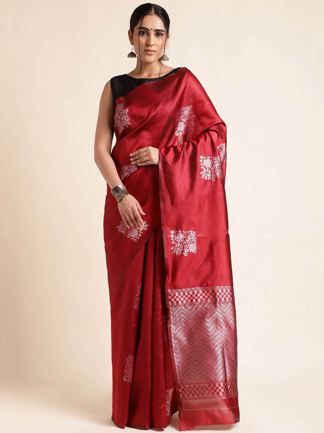 

MORLY Floral Woven Design Kanjeevaram Saree, Maroon