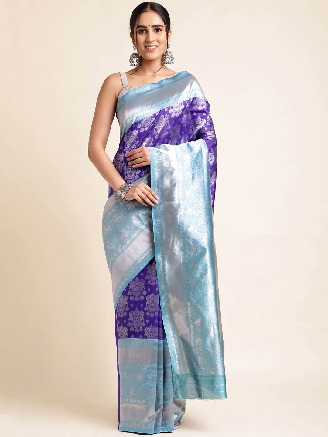 

MORLY Floral Woven Design Zari Kanjeevaram Saree, Navy blue