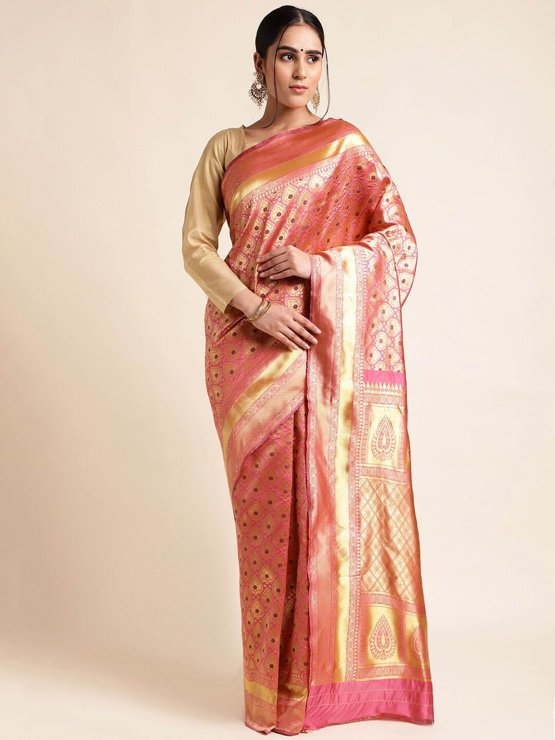 

MORLY Ethnic Motifs Woven Design Zari Kanjeevaram Saree, Pink