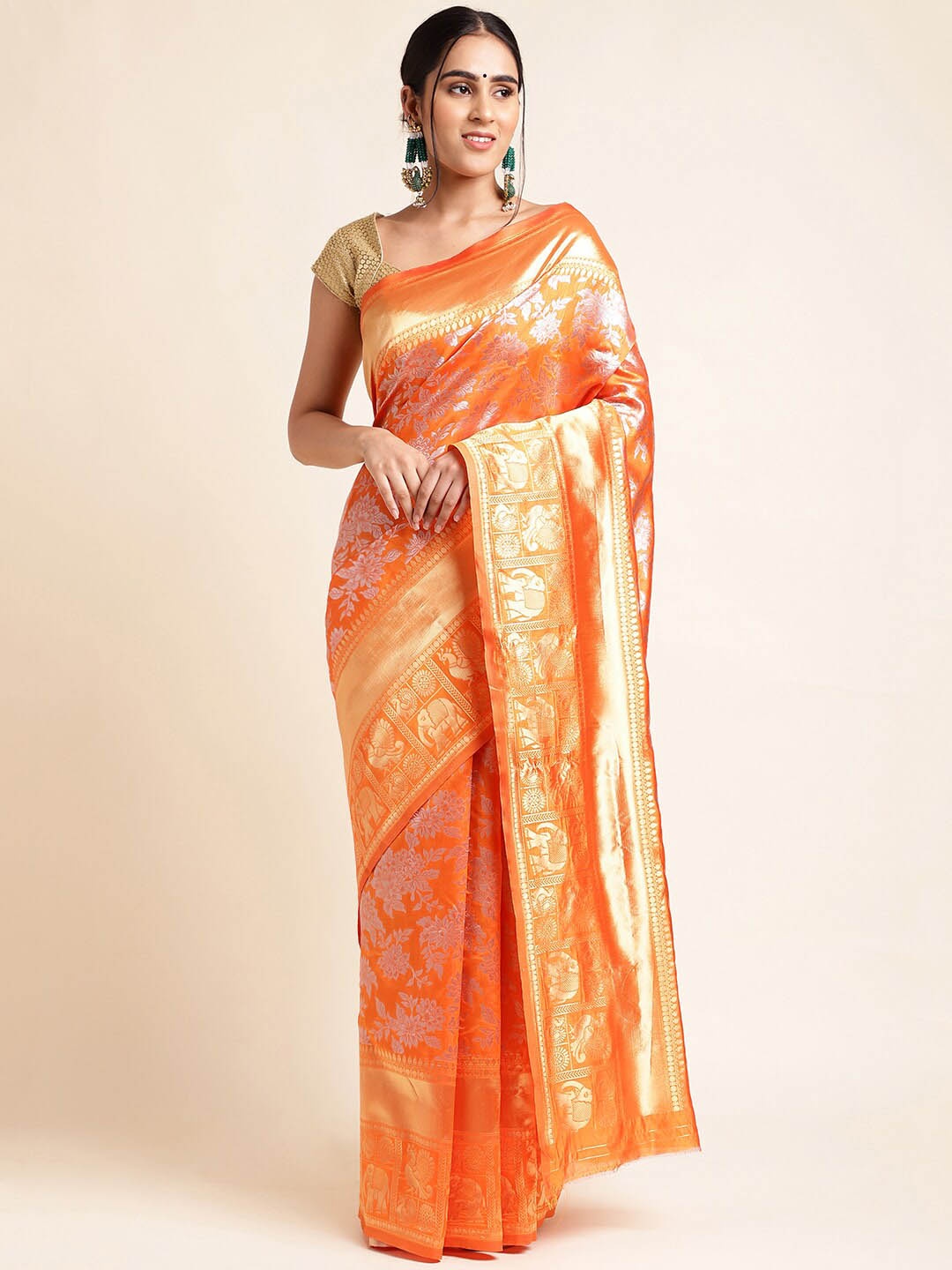 

MORLY Floral Woven Design Zari Kanjeevaram Saree, Orange