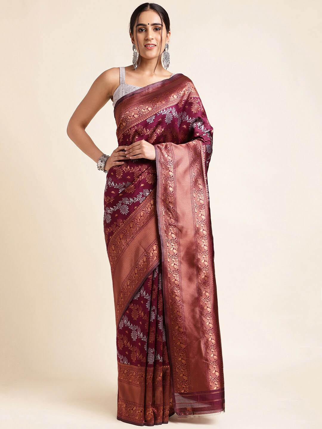 

MORLY Floral Woven Design Zari Kanjeevaram Saree, Purple