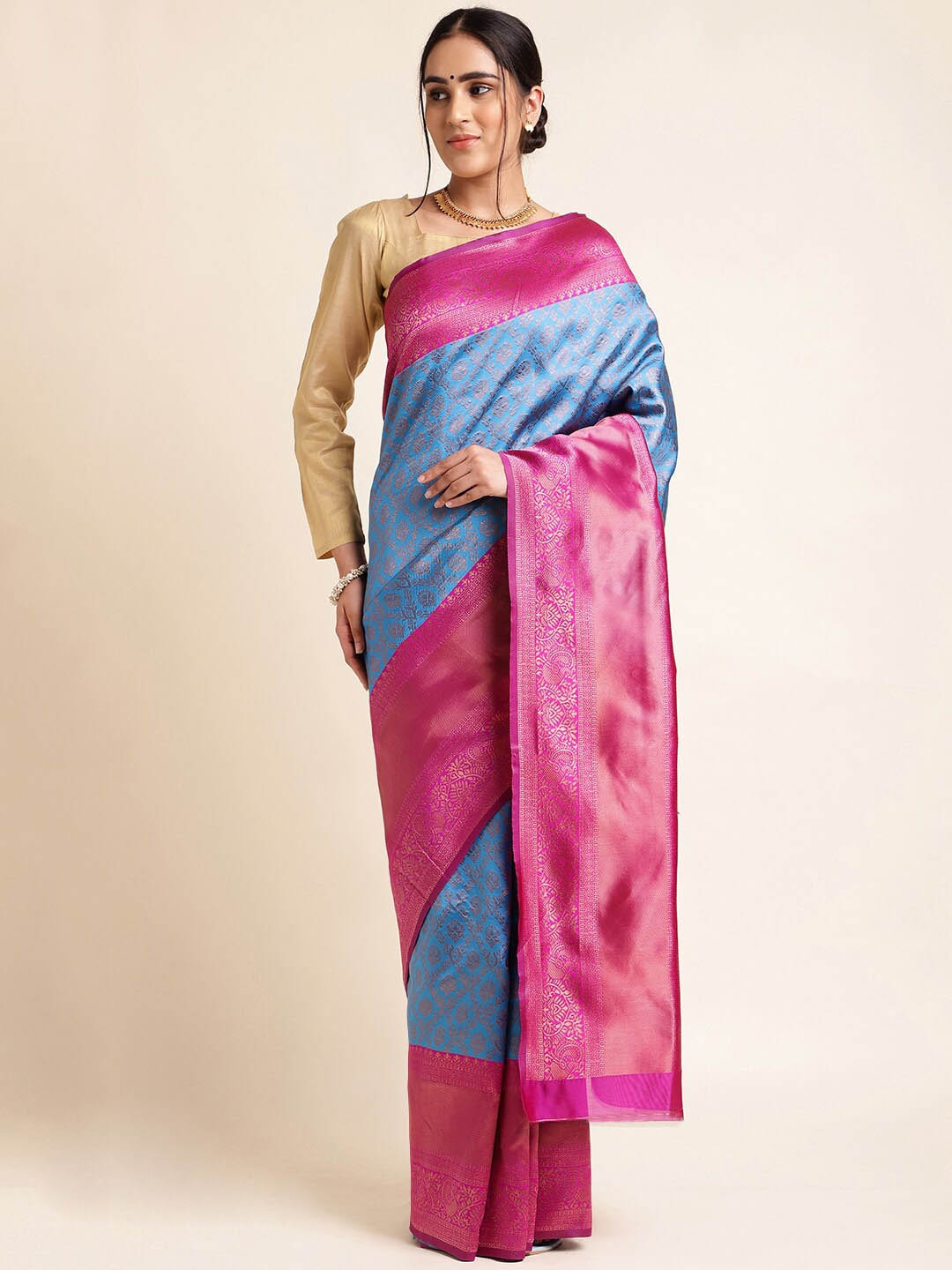 

MORLY Floral Woven Design Zari Kanjeevaram Saree, Blue