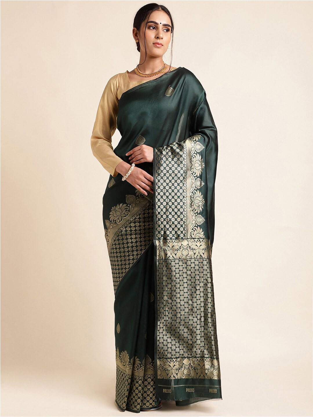 

MORLY Floral Woven Design Zari Kanjeevaram Saree, Green