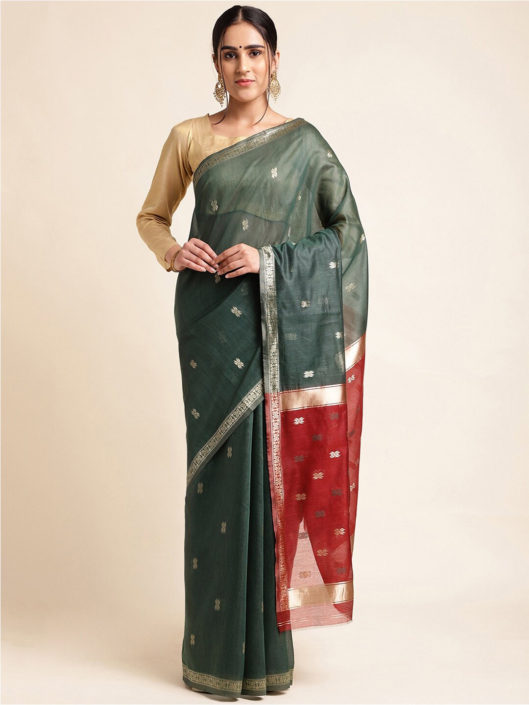 

MORLY Floral Woven Design Zari Kanjeevaram Saree, Green