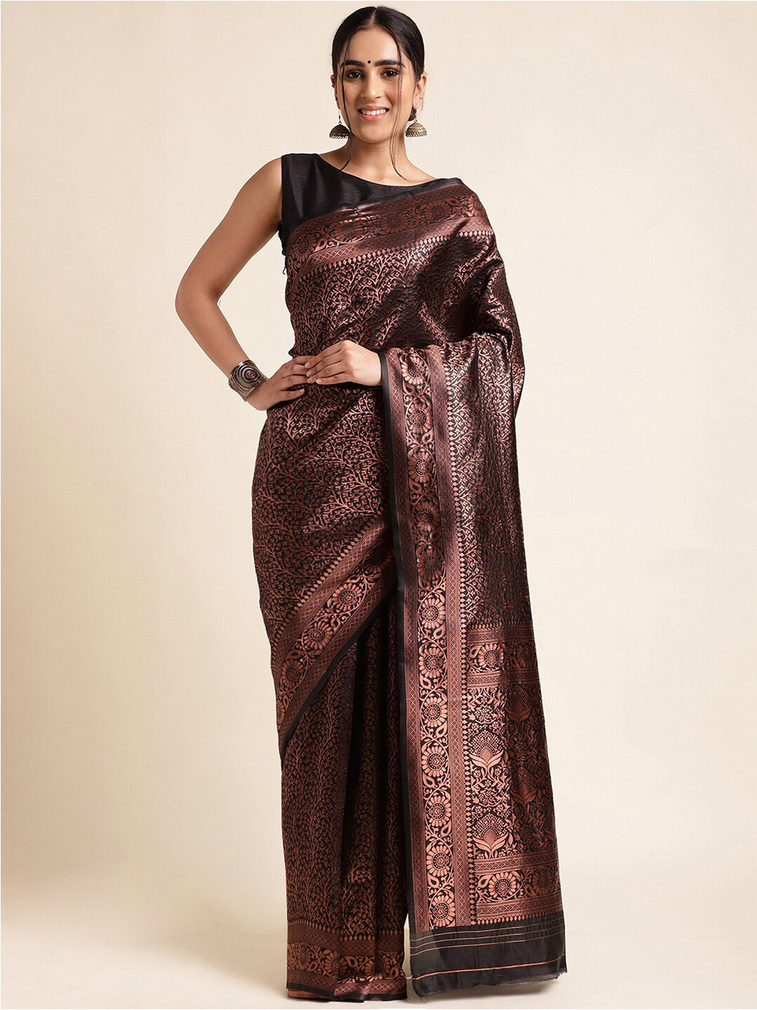 

MORLY Floral Woven Design Zari Kanjeevaram Saree, Black