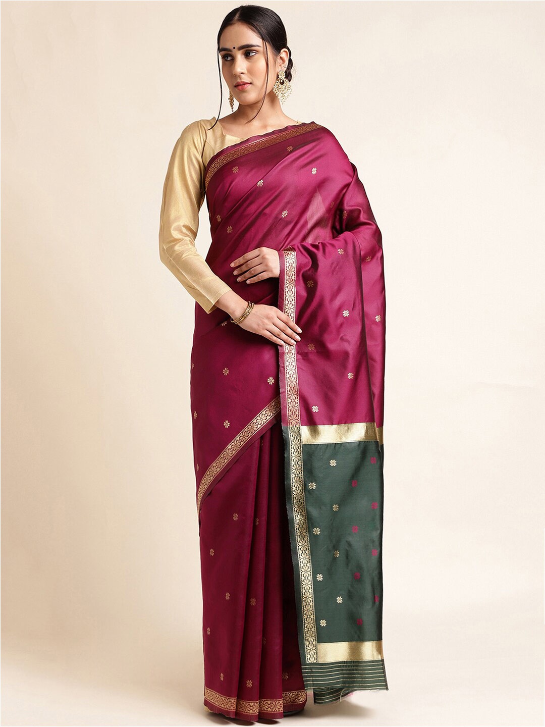 

MORLY Floral Woven Design Zari Kanjeevaram Saree, Magenta