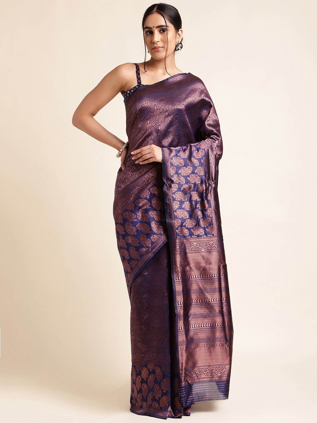

MORLY Floral Woven Design Zari Kanjeevaram Saree, Navy blue