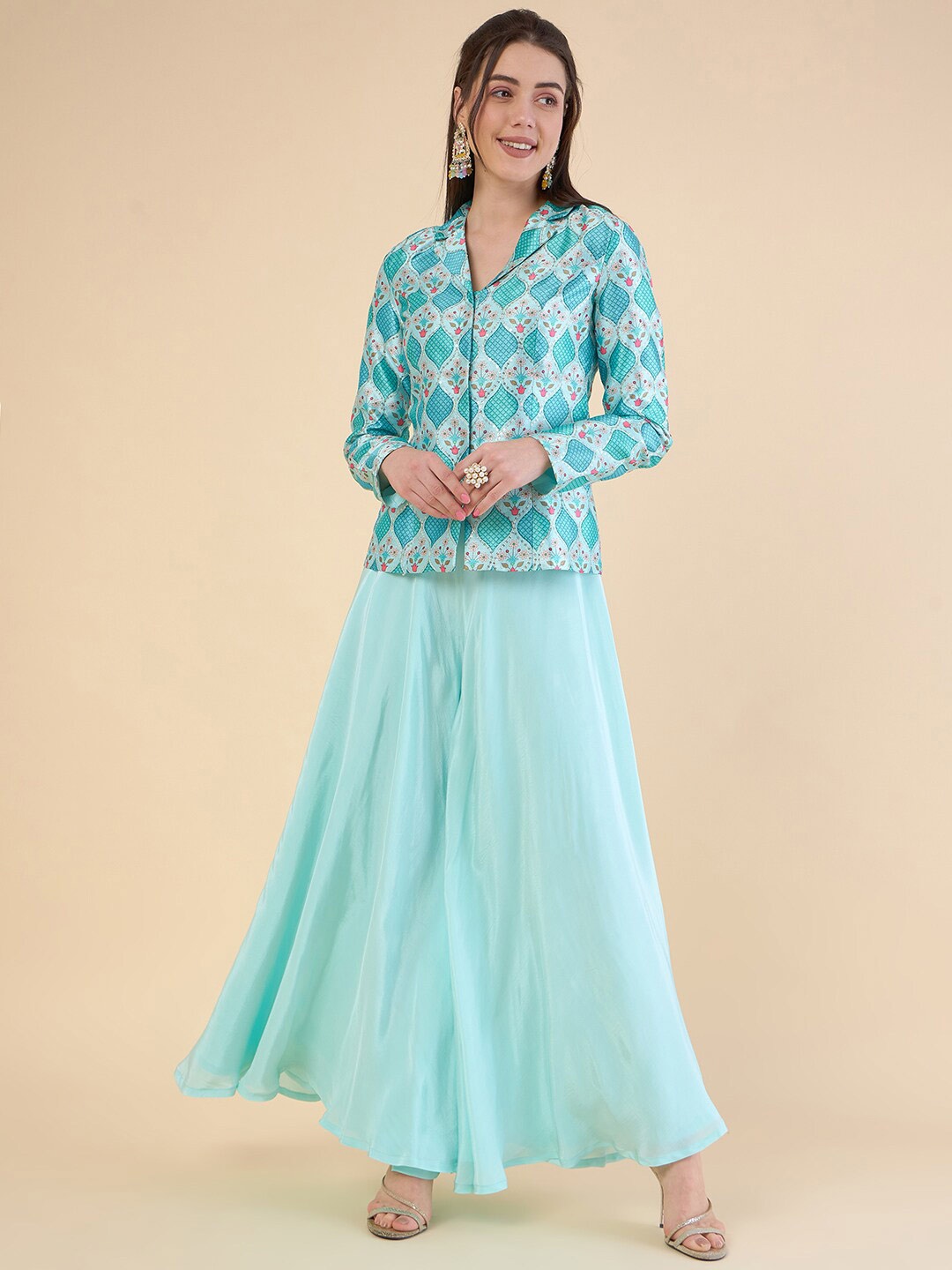 

ADORNIA Printed Ethnic Jacket With Palazzos, Sea green