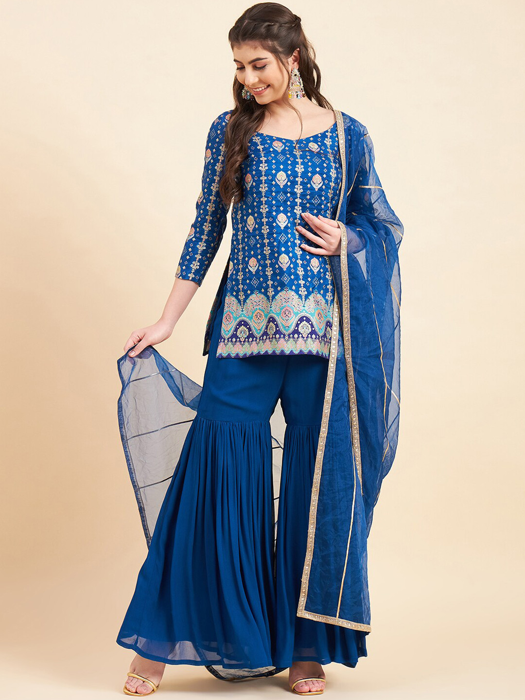 

ADORNIA Ethnic Motifs Embroidered Straight Scoop Neck Kurti With Sharara & Dupatta, Blue