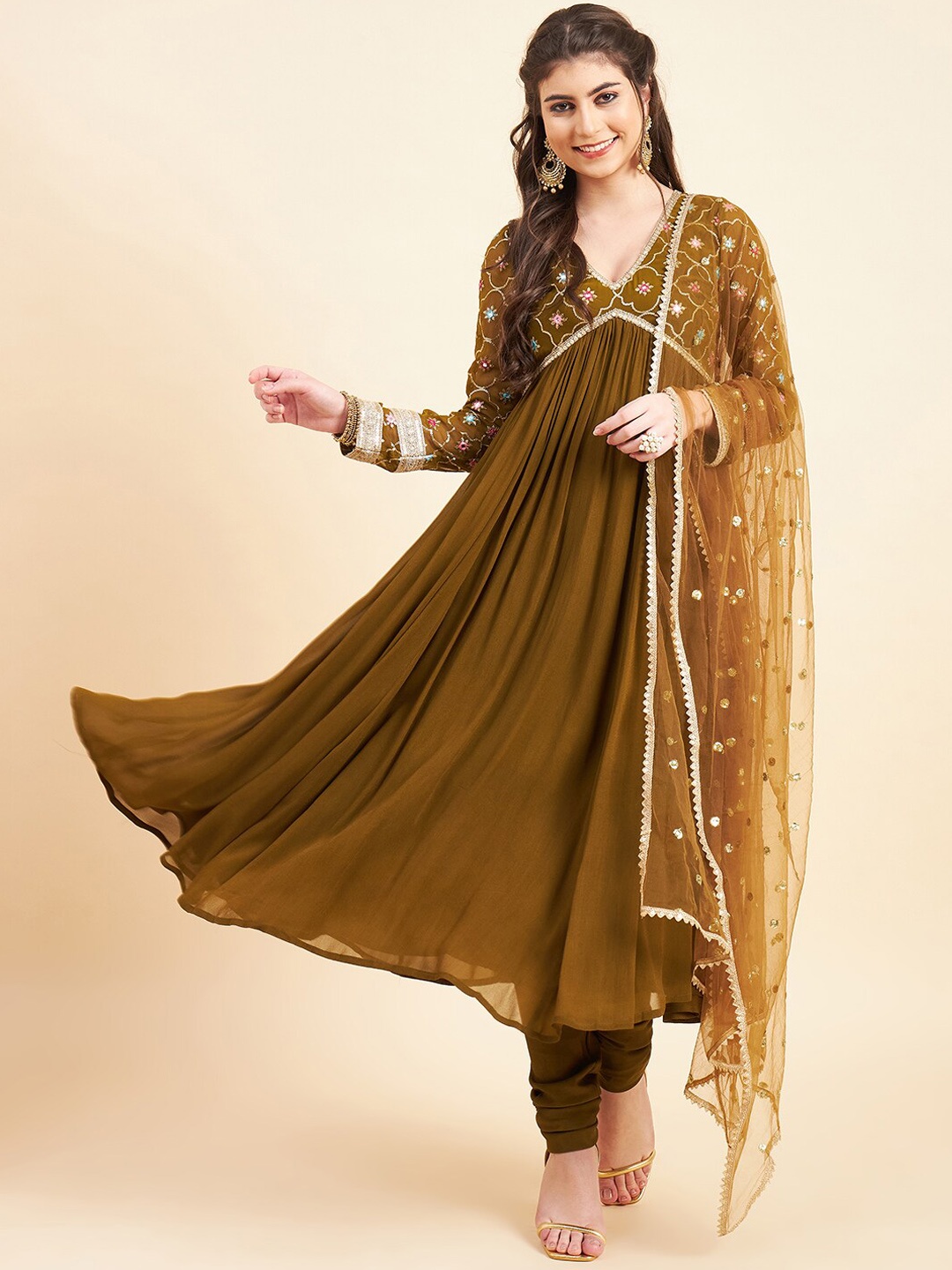 ADORNIA Yoke Design Empire Sequinned Georgette Anarkali Kurta With Churidar & Dupatta, Olive
