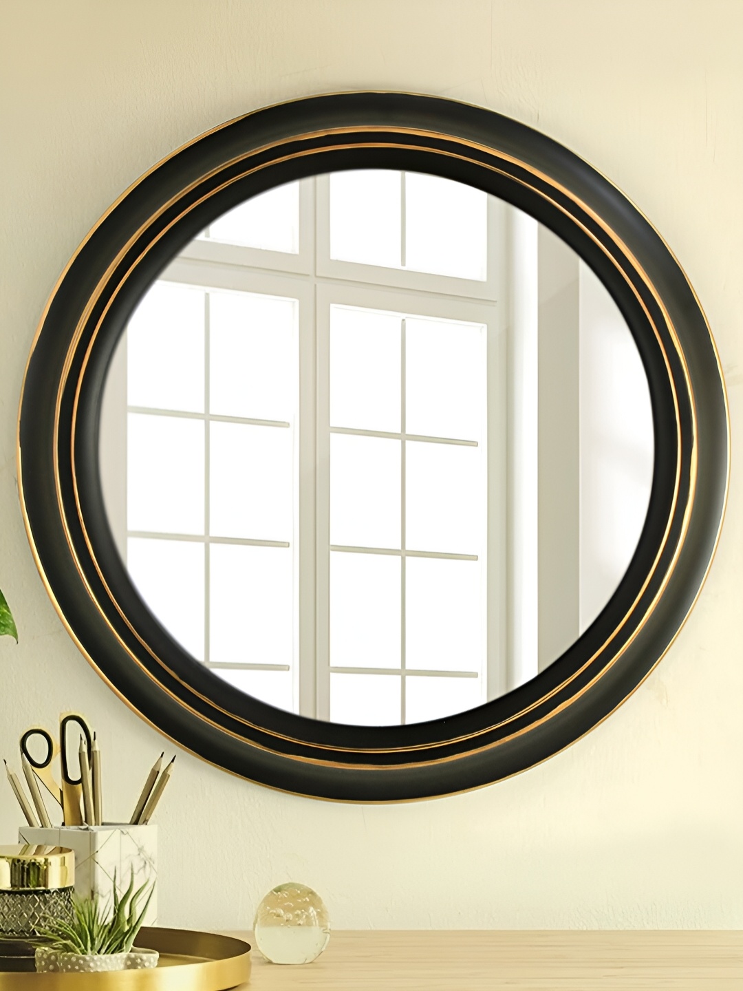 

TIED RIBBONS Black Round Shaped Framed Wall Hanging Mirror, Brown