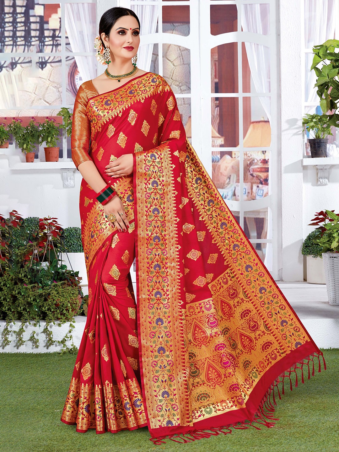 

HASRI Ethnic Woven Design Zari Pure Silk Saree, Red