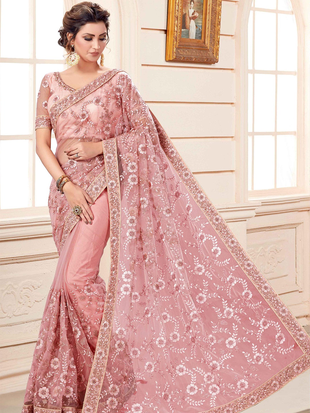 

HASRI Floral Embroidered Net Saree, Pink