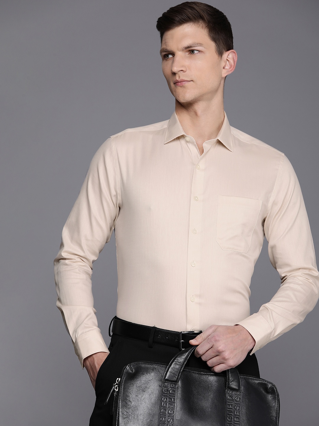

Louis Philippe Pure Cotton Slim Fit Opaque Formal Shirt, Beige