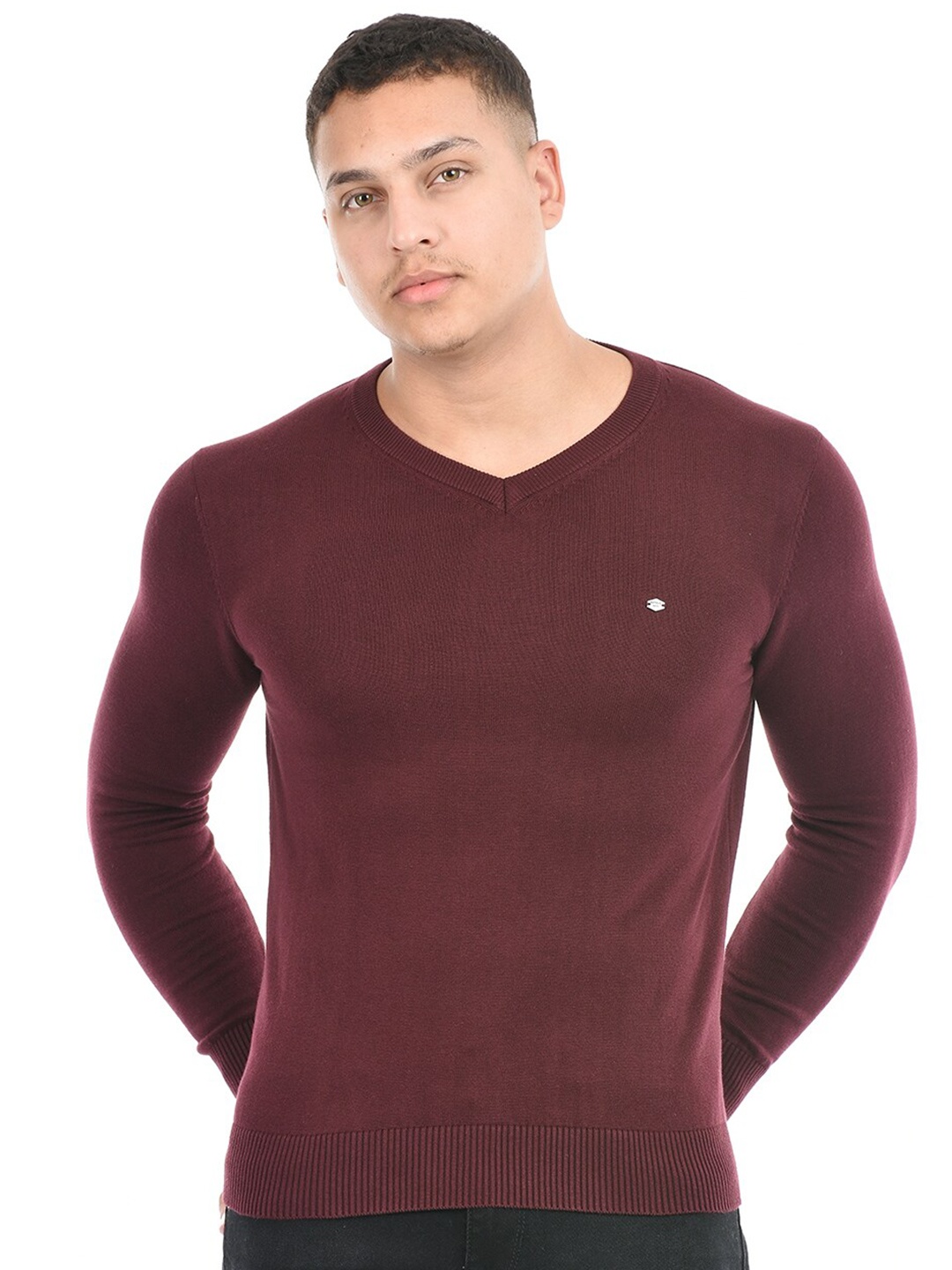 

Octave V-Neck Ribbed Pure Cotton Pullover, Maroon