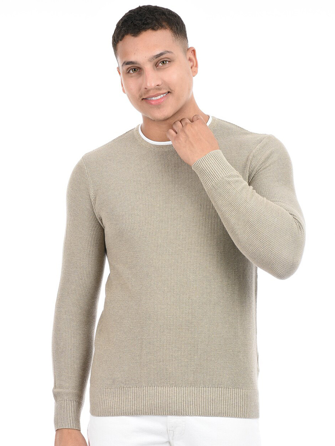 

Octave Cable Knit Self Design Ribbed Pure Cotton Pullover, Beige