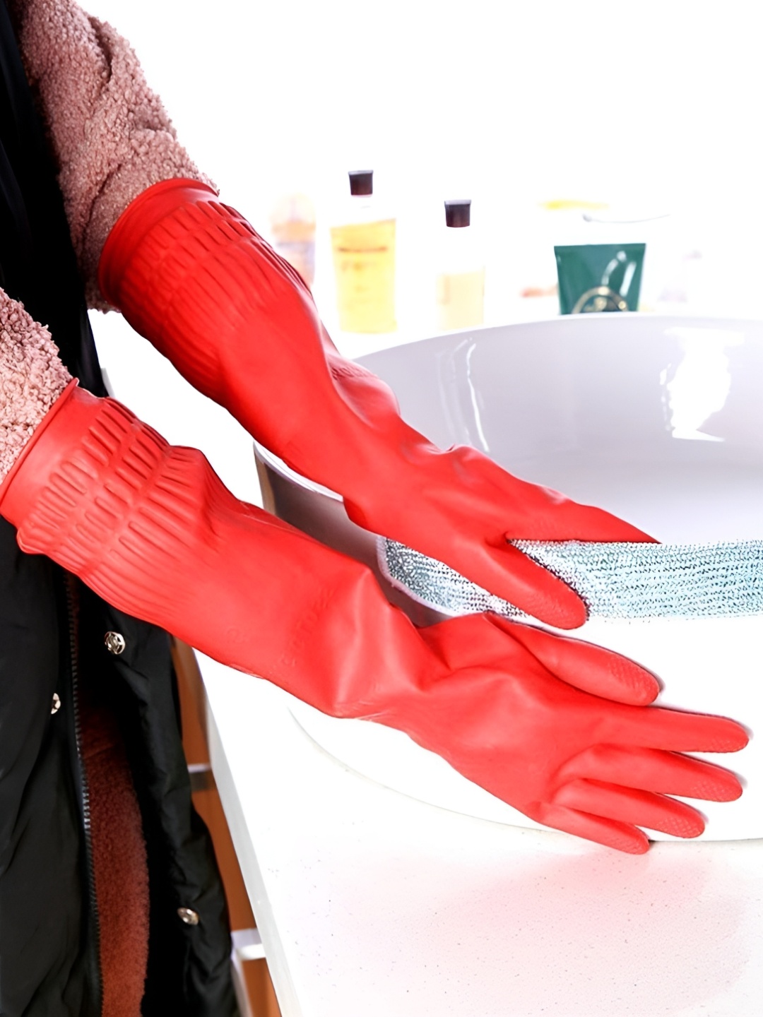 

RBGIIT 2 Pcs Red Long Sleeves Hand Skin Safety Cleaning Gloves