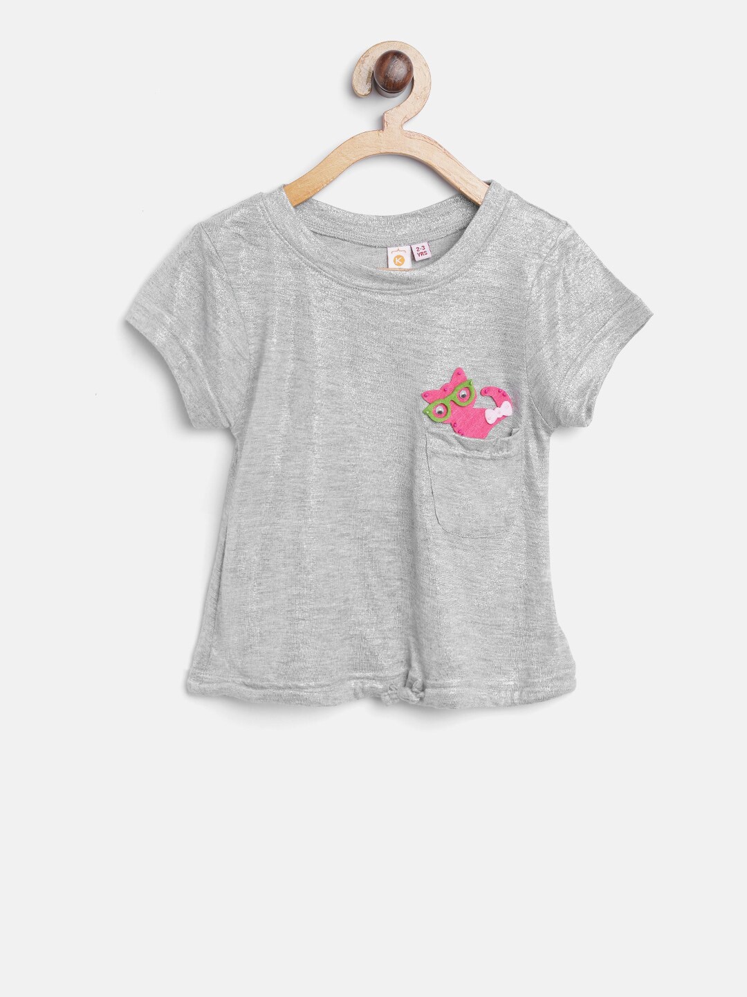 

Kids On Board Girls Round Neck Applique Cotton Top, Grey
