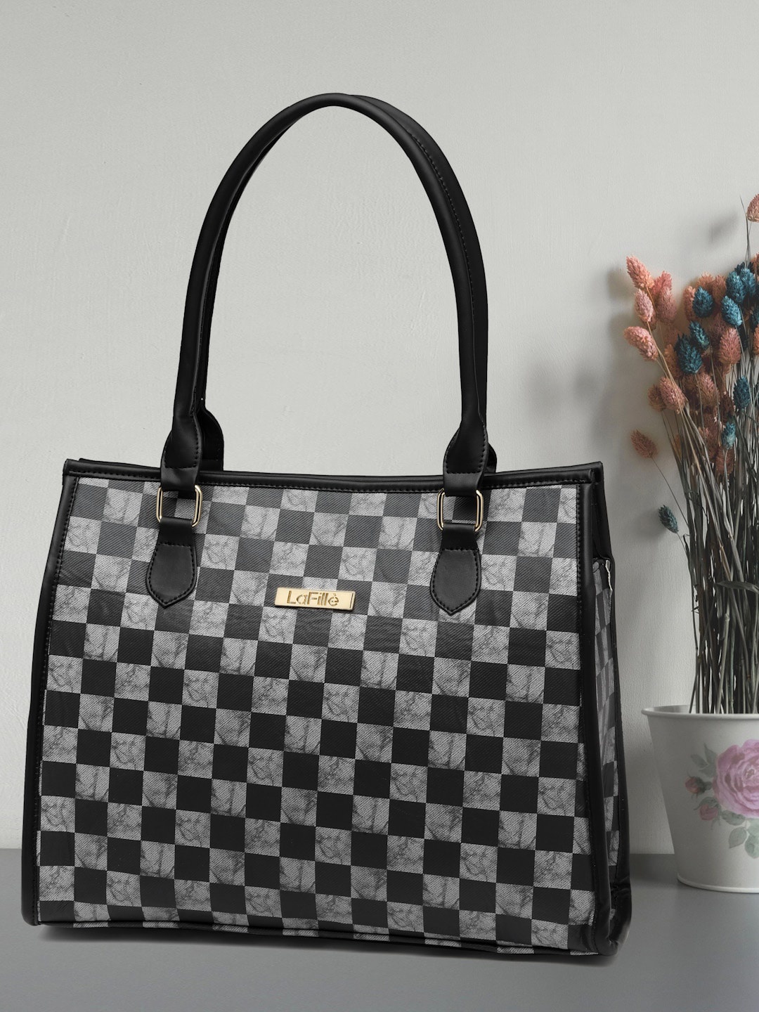 

LaFille Checked Structured Handheld Bag, Black