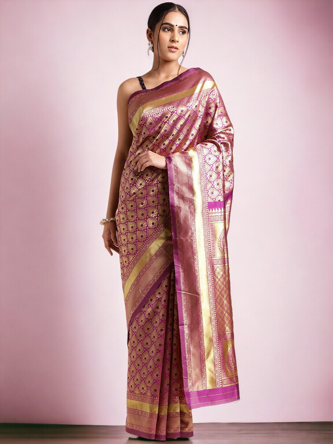 

MORLY Ethnic Motifs Woven Design Zari Kanjeevaram Saree, Pink