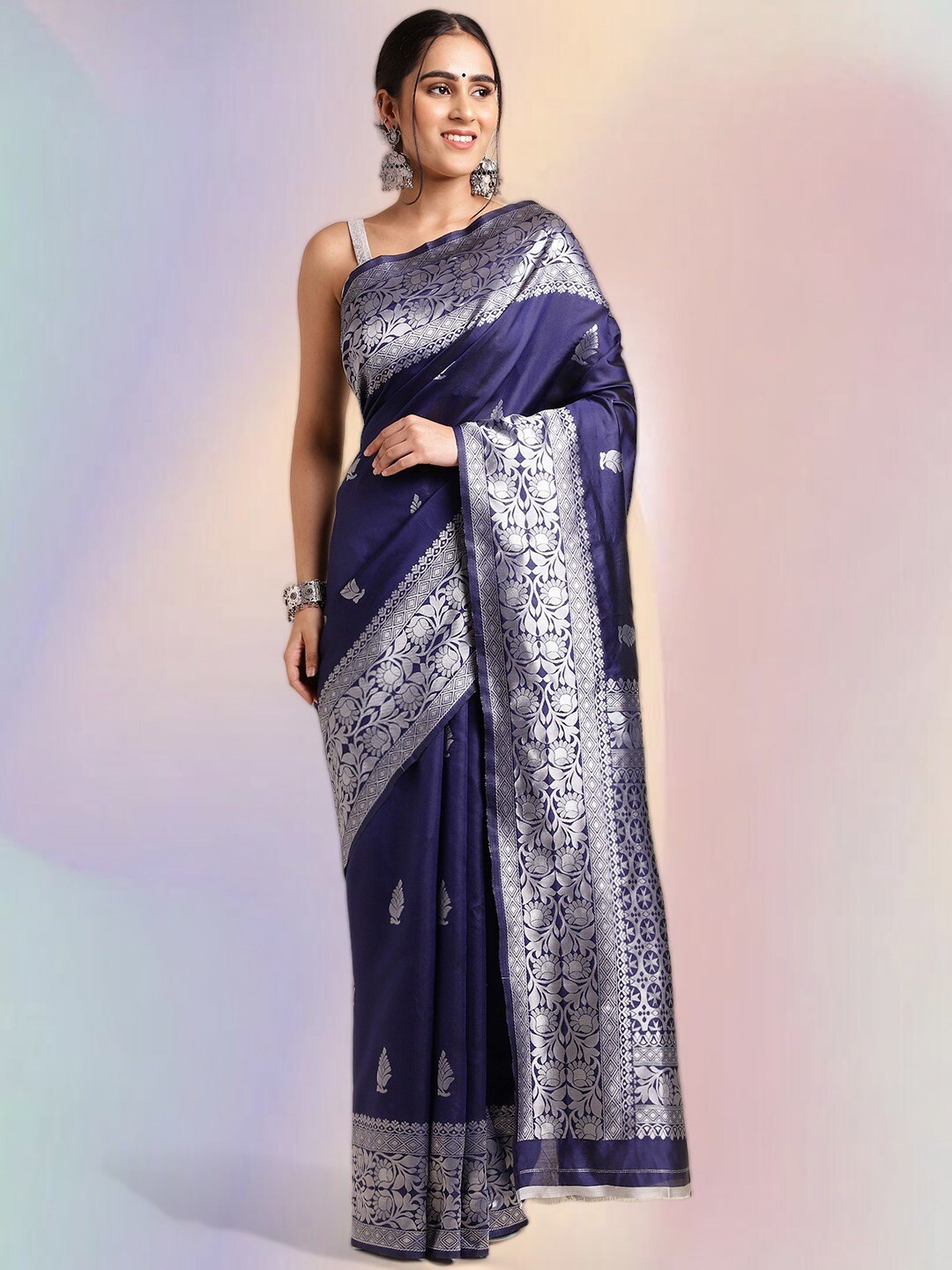 

MORLY Floral Woven Design Zari Kanjeevaram Saree, Navy blue