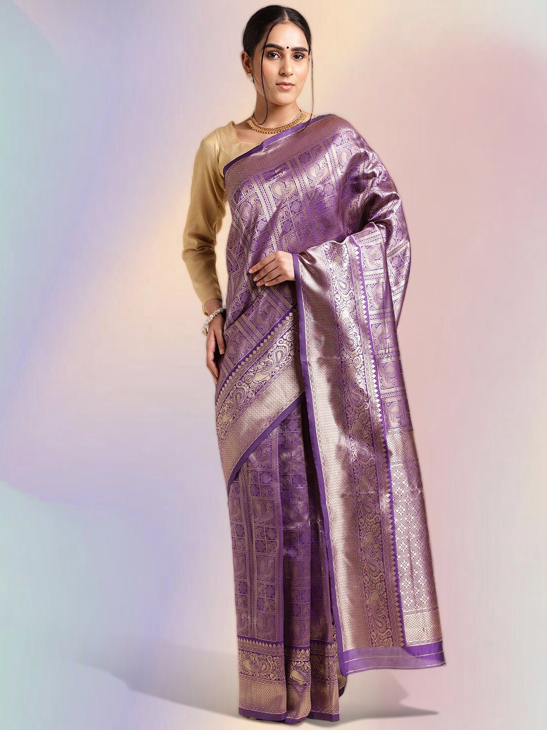 

MORLY Ethnic Motifs Woven Design Zari Kanjeevaram Saree, Purple