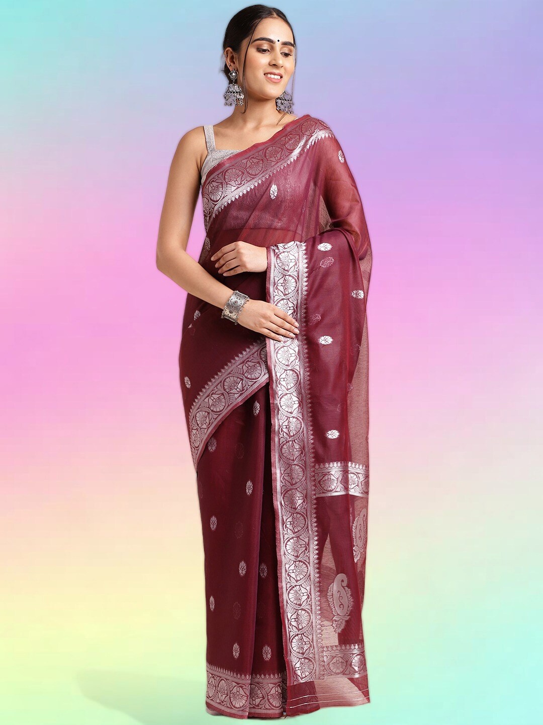 

MORLY Floral Woven Design Zari Kanjeevaram Saree, Burgundy