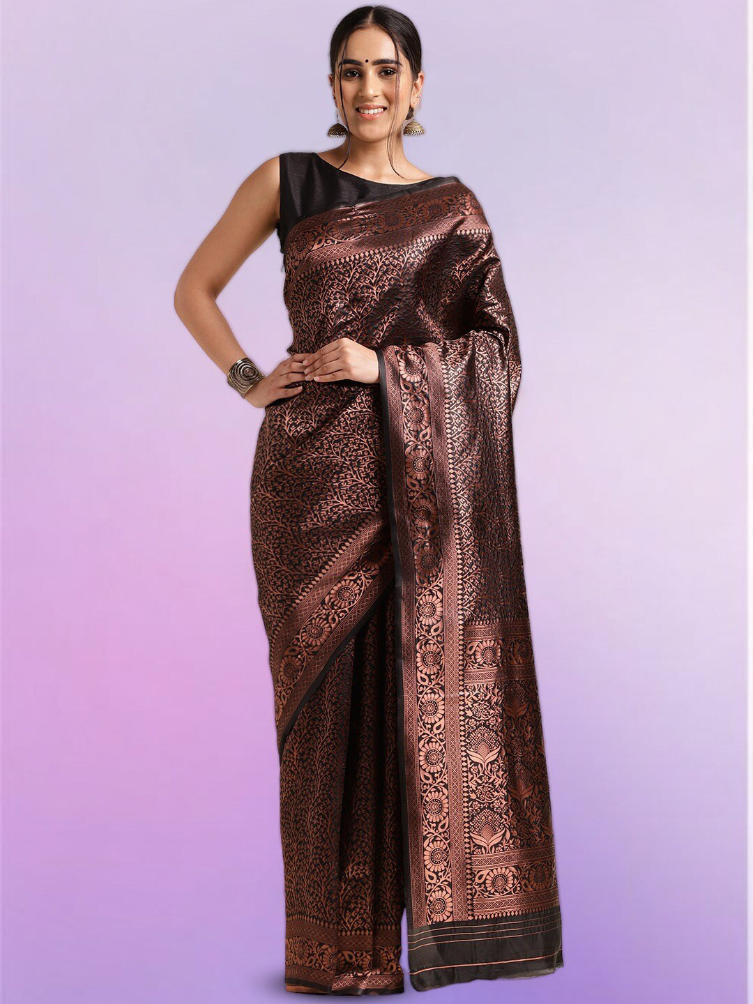 

MORLY Floral Woven Design Zari Kanjeevaram Saree, Black