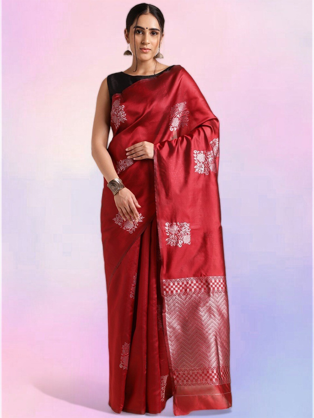 

MORLY Floral Woven Design Zari Kanjeevaram Saree, Maroon