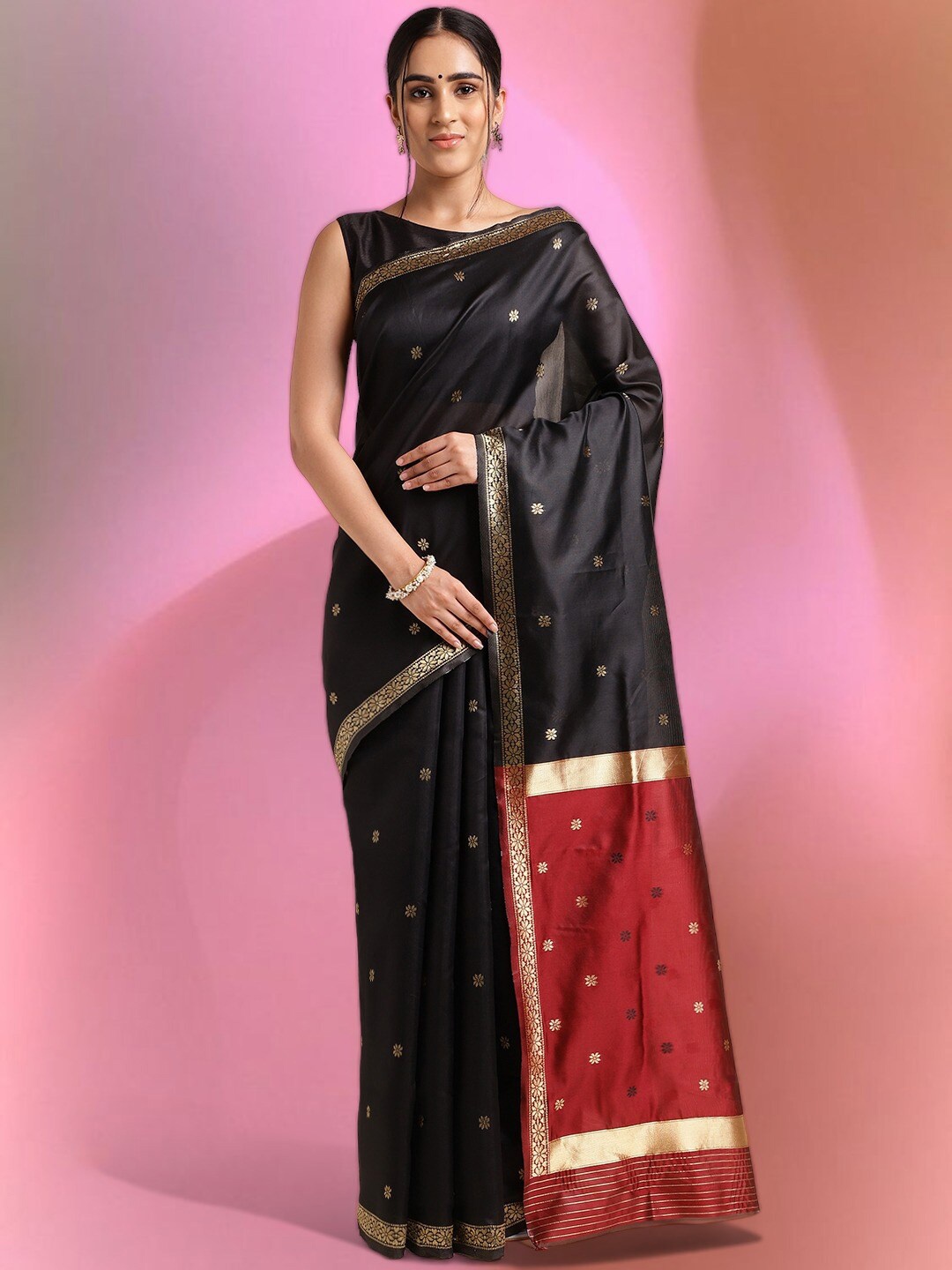 

MORLY Floral Woven Design Zari Kanjeevaram Saree, Black