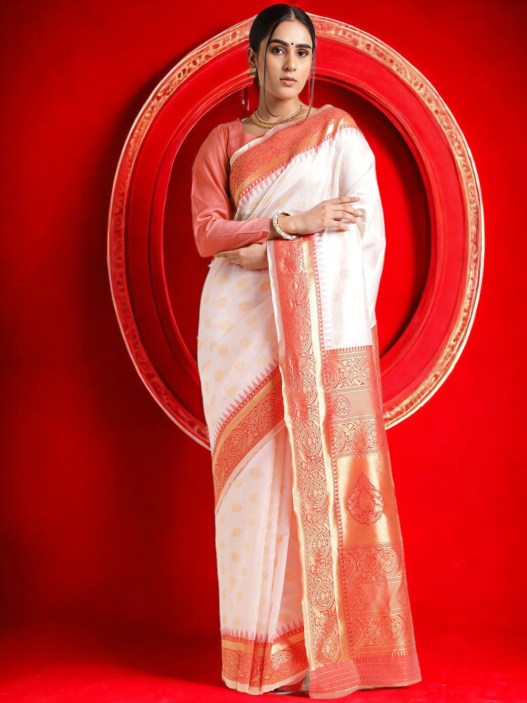 

MORLY Floral Woven Design Zari Kanjeevaram Saree, White